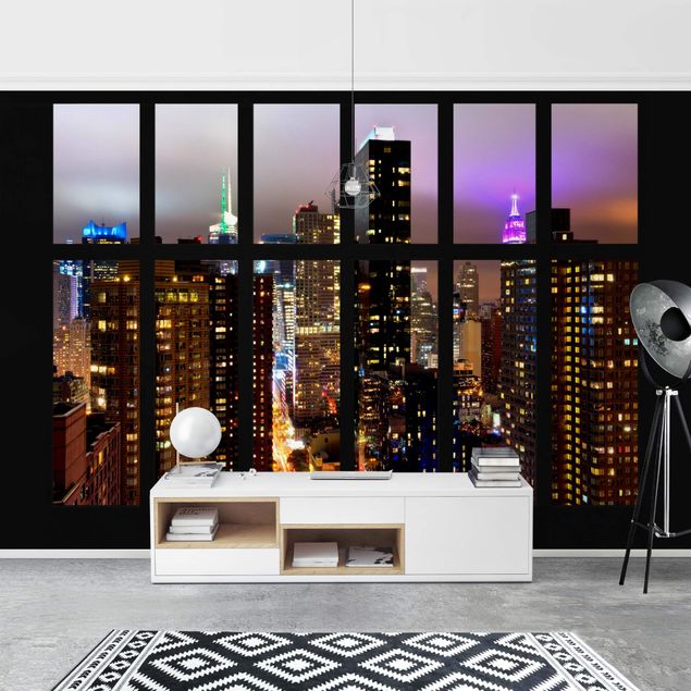 Fotobehang Window New York Moonlight