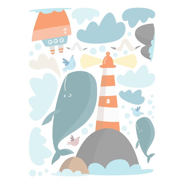 Raamstickers Lighthouse And Whales