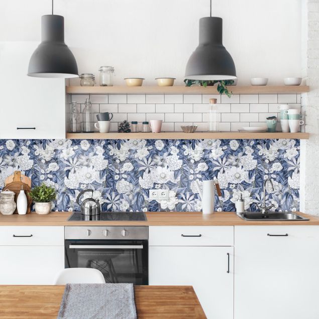 Achterwand voor keuken patroon White Flowers In Front Of Blue II