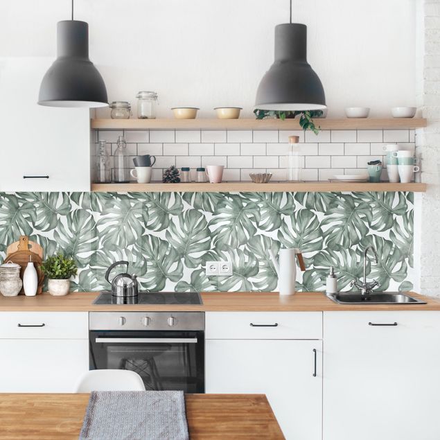 Achterwand voor keuken patroon Watercolour Monstera Leaves In Green II