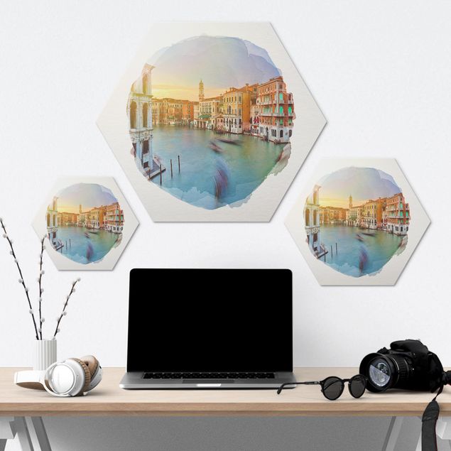 Hexagons Aluminium Dibond schilderijen WaterColours - Grand Canal View From The Rialto Bridge Venice