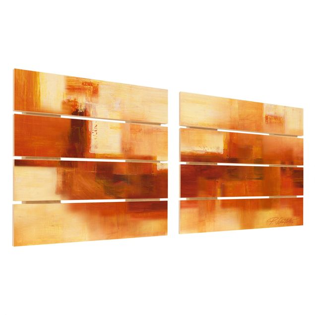 Houten schilderijen op plank - 2-delig Composition In Orange And Brown