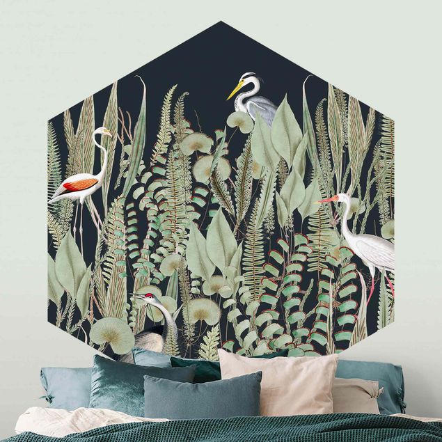 Hexagon Behang Flamingo And Stork With Plants On Green