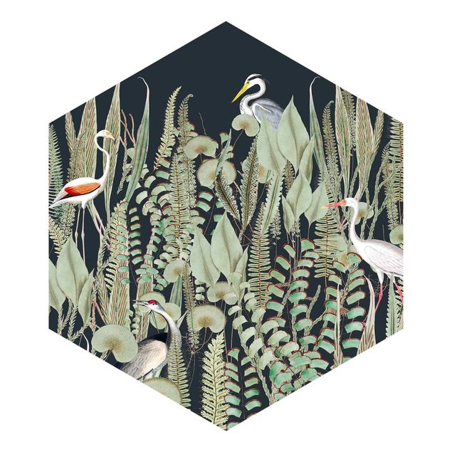 Hexagon Behang Flamingo And Stork With Plants On Green