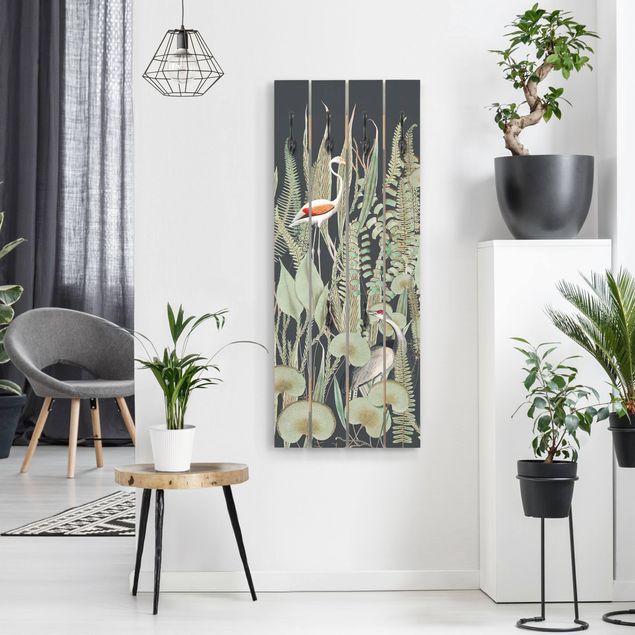 Wandkapstokken houten pallet Flamingo And Stork With Plants On Green