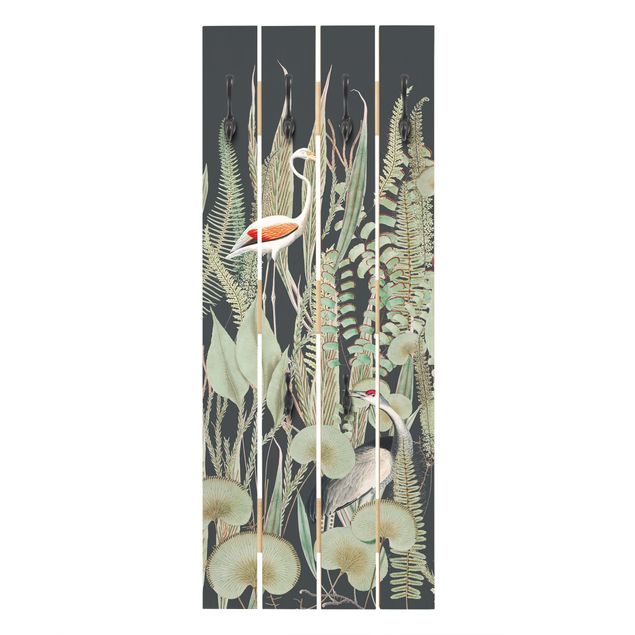 Wandkapstokken houten pallet Flamingo And Stork With Plants On Green