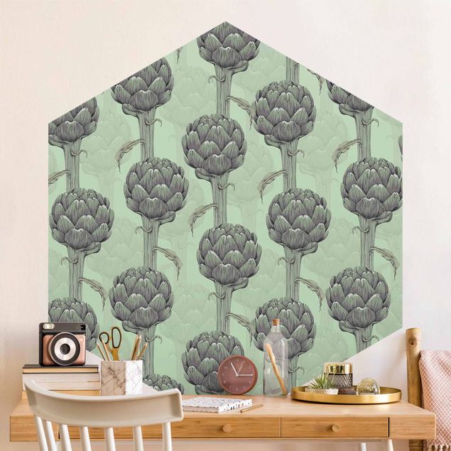 Hexagon Behang Floral Elegance Artichoke With Gradient Green XXl