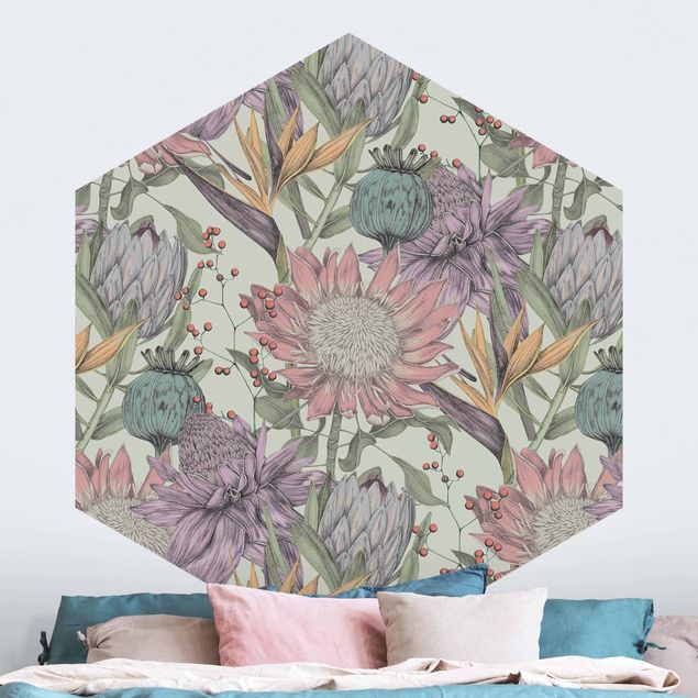 Hexagon Behang Floral Elegance In Pastel On Mint Backdrop XXL