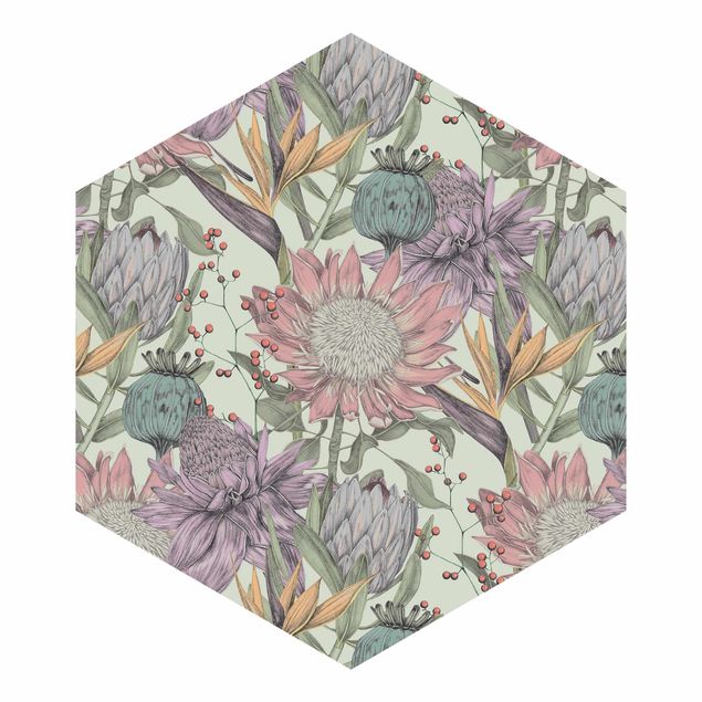 Hexagon Behang Floral Elegance In Pastel On Mint Backdrop XXL