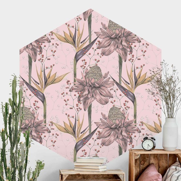 Hexagon Behang Floral Elegance Vintage Strelitzia On Pink Backdrop XXL