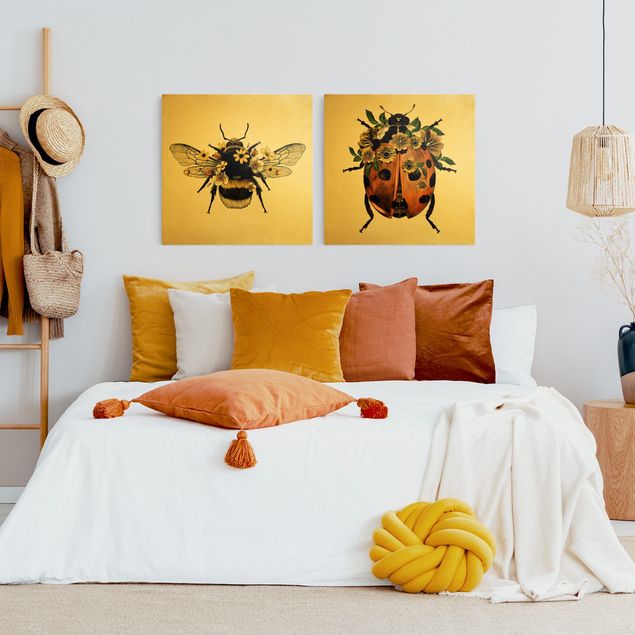 Natuurlijk canvas schilderijen - 2-delig  Floral Illustration - Bumblebee And Ladybug