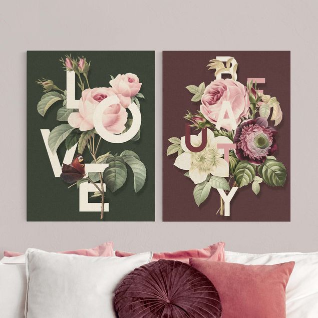 Natuurlijk canvas schilderijen - 2-delig  Floral Typography - Love & Beauty