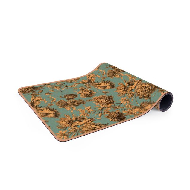 natuur tapijt Floral Copper Engraving Golden Blue