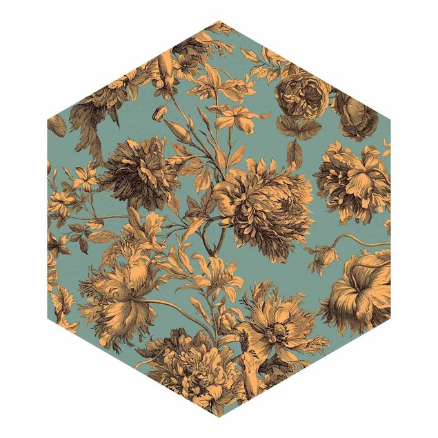 Hexagon Behang Floral Copper Engraving Golden Blue