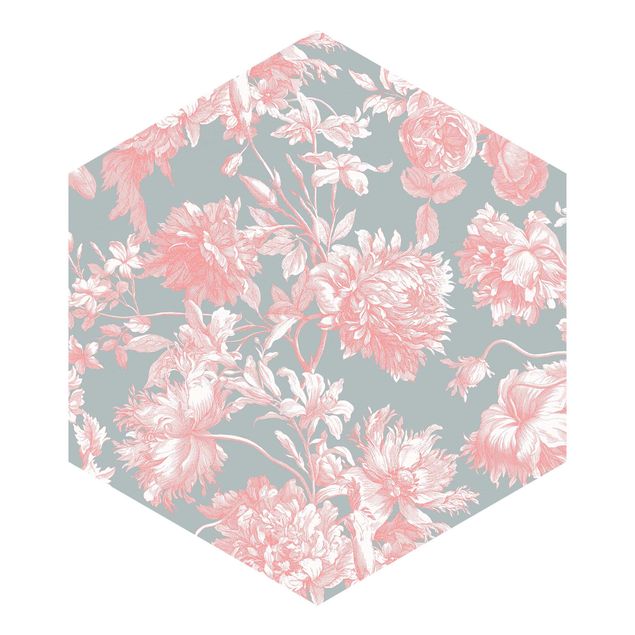 Hexagon Behang Floral Copper Engraving Pink Grey