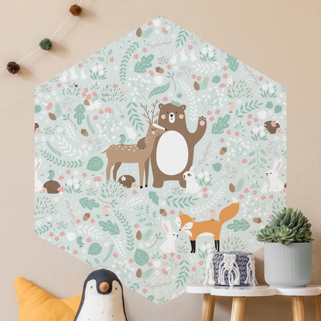 Hexagon Behang Forest-Friends-With-Forest-Animals