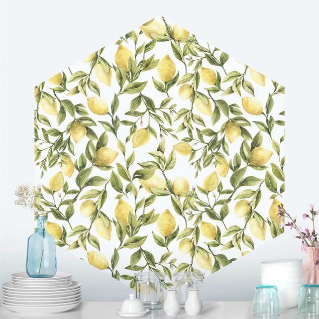 Hexagon Behang Fruity Lemons With Leaves
