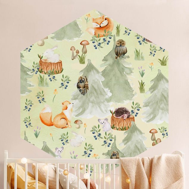 Hexagon Behang Fox And Owl With Trees