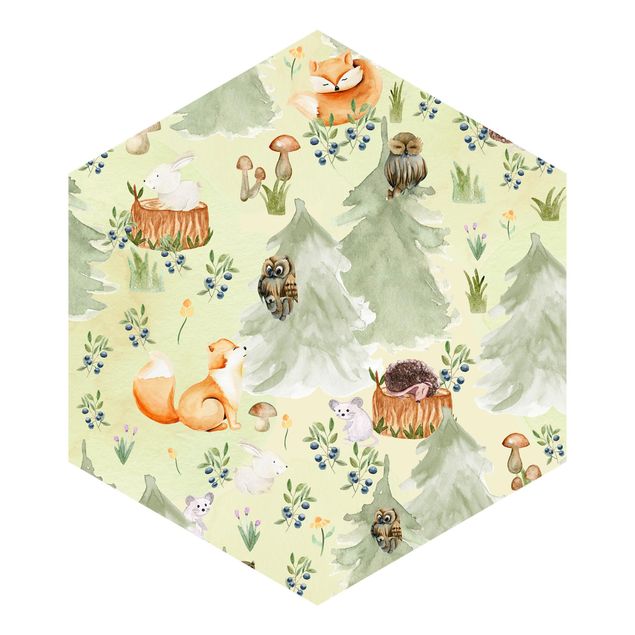 Hexagon Behang Fox And Owl With Trees