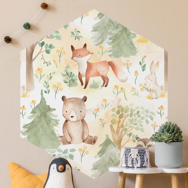 Hexagon Behang Fox And Hare With Trees