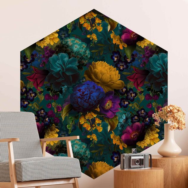 Hexagon Behang Yellow Blossoms With Blue Flowers In Front Of Turquoise