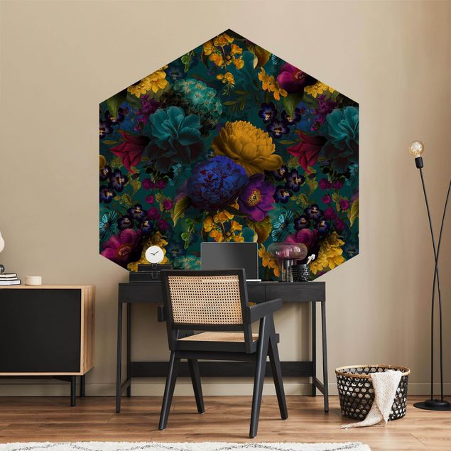 Hexagon Behang Yellow Blossoms With Blue Flowers In Front Of Turquoise
