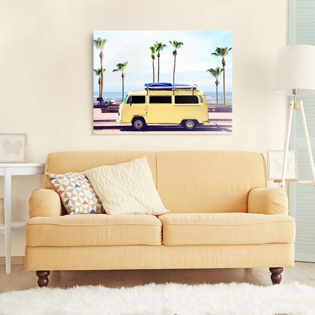 Glasschilderijen - Yellow Surfer VW Bus