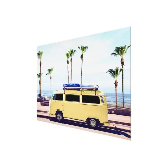 Glasschilderijen - Yellow Surfer VW Bus