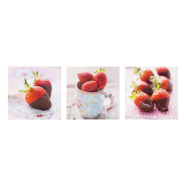 Glasschilderijen - 3-delig Strawberries In Chocolate Vintage