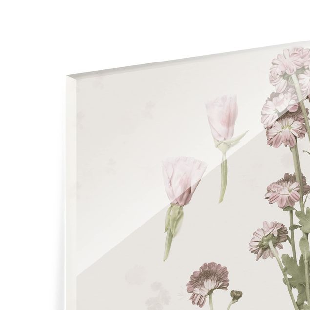 Glasschilderijen - 4-delig Herbarium In Pink Set I