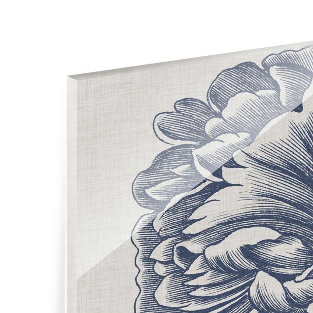 Glasschilderijen - 3-delig Indigo Blossom On Linen Set I