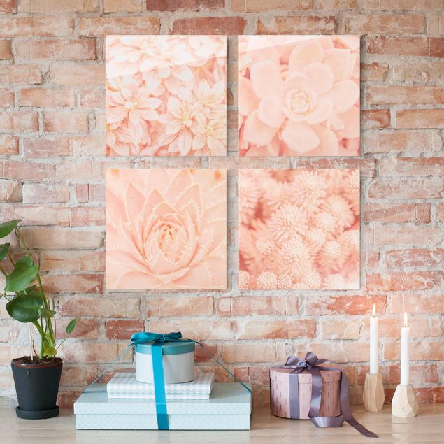 Glasschilderijen - 4-delig Pink Flower Magic