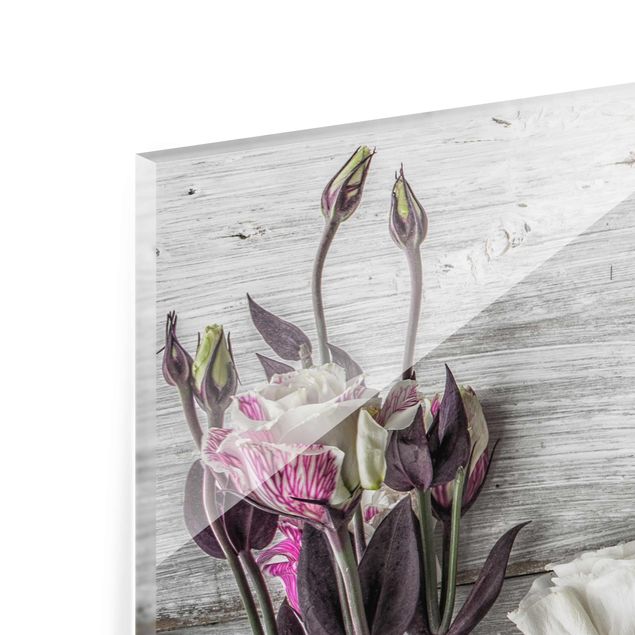 Glasschilderijen - 3-delig Tulip Rose Shabby Wood Look