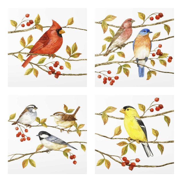Glasschilderijen - 4-delig Birds And Berries Set II