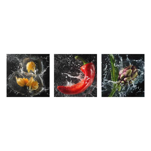 Glasschilderijen - 3-delig Pepper artichoke Physalis Splash