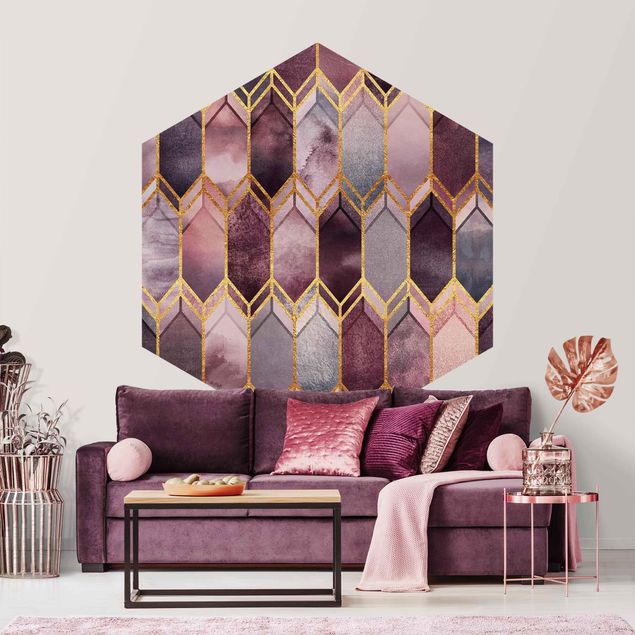 Hexagon Behang Stained Glass Geometric Rose Gold