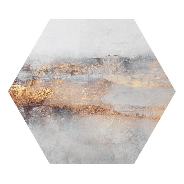 Hexagons Aluminium Dibond schilderijen Gold Grey Fog