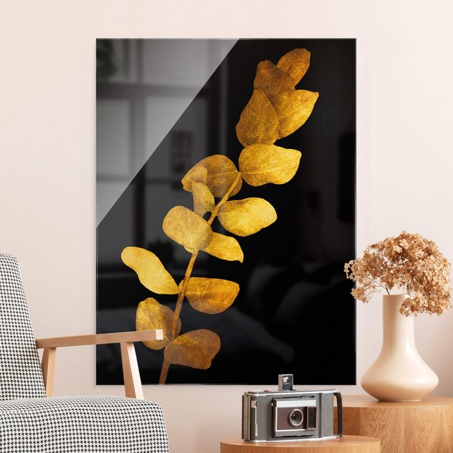 Glasschilderijen Gold - Eucalyptus On Black