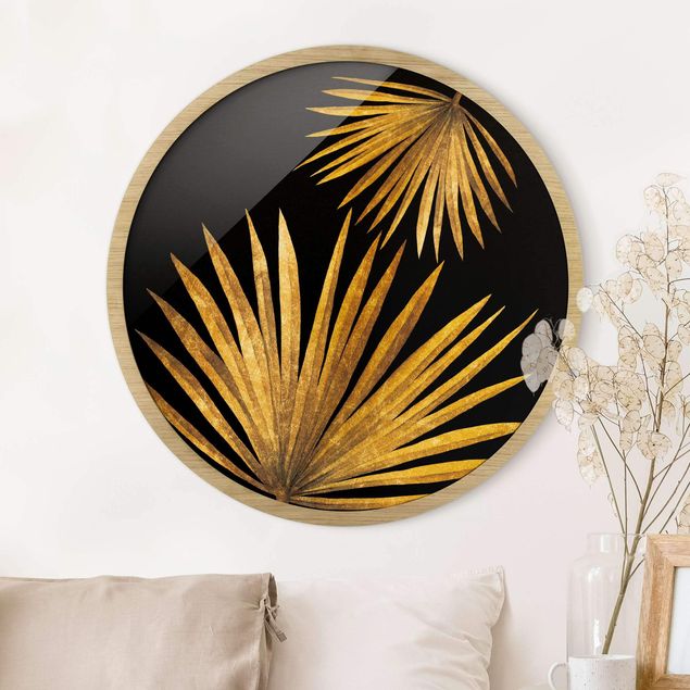 Gerahmte Bilder Rund Gold - Palm Leaf On Black