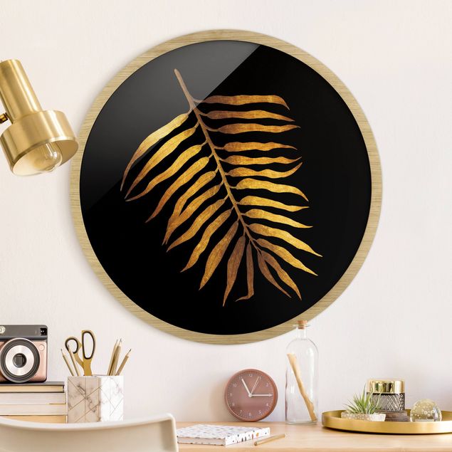 Gerahmte Bilder Rund Gold - Palm Leaf II On Black