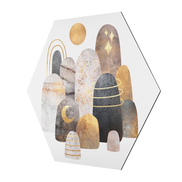Hexagons Aluminium Dibond schilderijen Golden Mountain With Moon