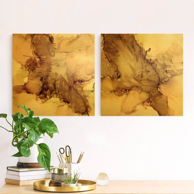 Natuurlijk canvas schilderijen - 2-delig  Golden Brown Explosions