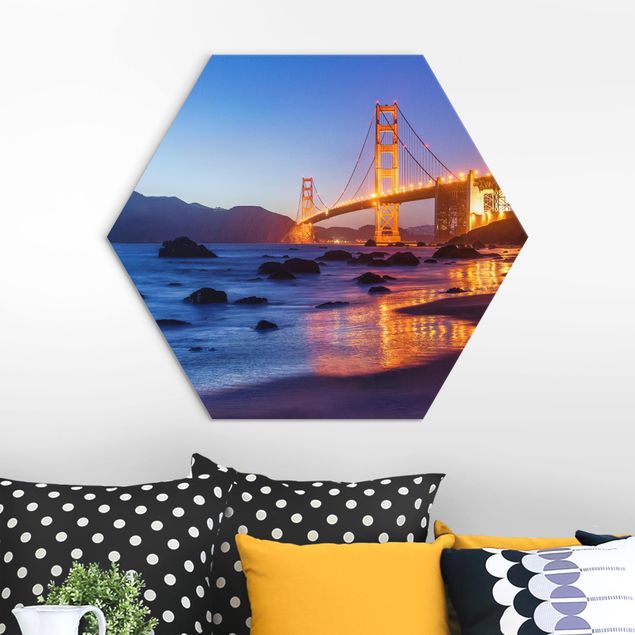 Hexagons Aluminium Dibond schilderijen Golden Gate Bridge At Dusk