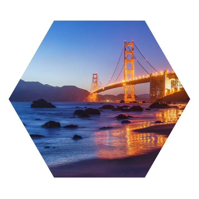 Hexagons Aluminium Dibond schilderijen Golden Gate Bridge At Dusk