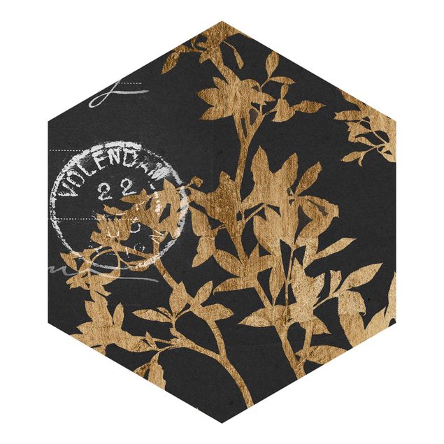 Hexagon Behang Golden Leaves On Mocha II