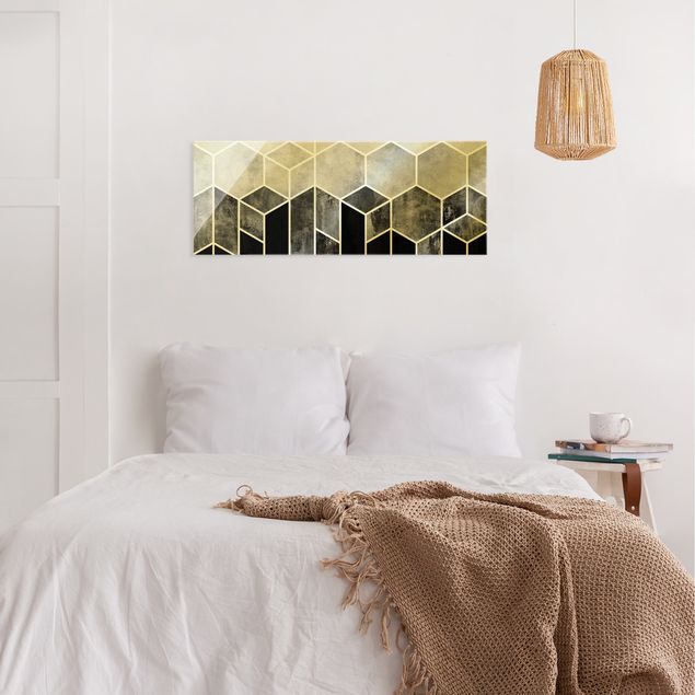Glasschilderijen Golden Geometry - Hexagons Black White