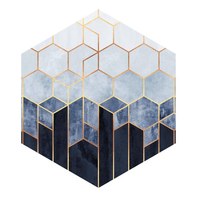 Hexagon Behang Golden Hexagons Blue White