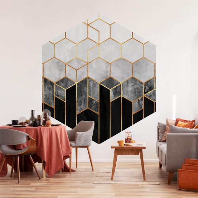 Hexagon Behang Golden Hexagons Black And White