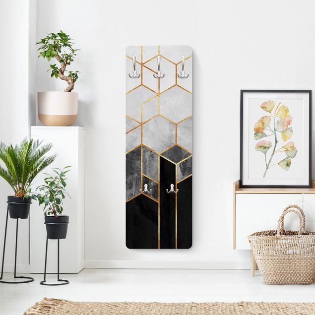 Wandkapstokken houten paneel - Golden Hexagons Black And White