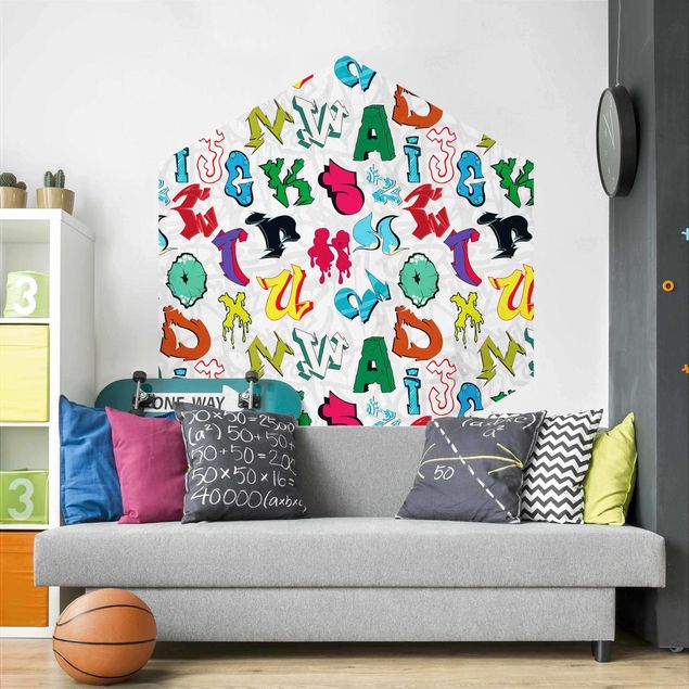 Hexagon Mustertapete selbstklebend - Graffiti Art Doodle Alphabet
